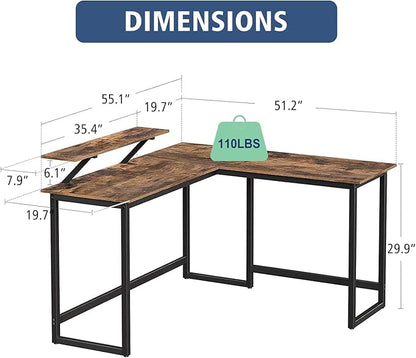 L Shape Computer Desk - Spacious 55 inch Corner Desk Home Office Desk Gaming Desk with Reversible Monitor Stand and Adjustable Feet, Easy Assembly, Rustic Brown