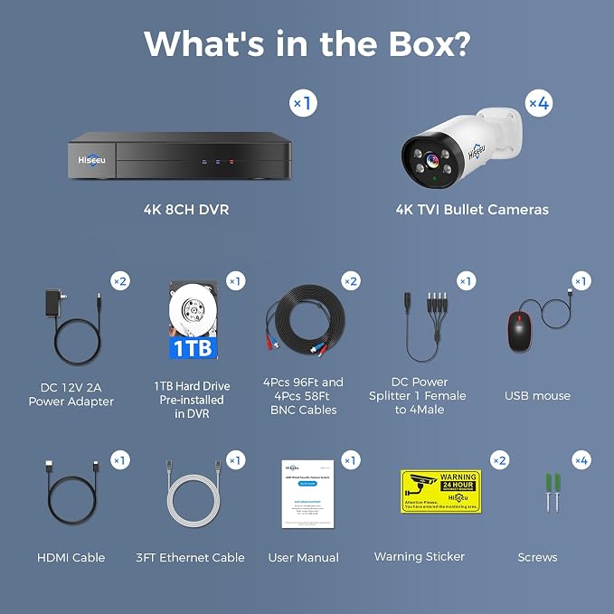 Hiseeu 4K Wired Security Camera System Outdoor 4 Channel with Audio | Smart Dual Light,AI Human/Vehicle Detection,1TB HDD,4K Surveillance DVR Kit 8CH,4X8MP Home CCTV Cameras,Smart Playback