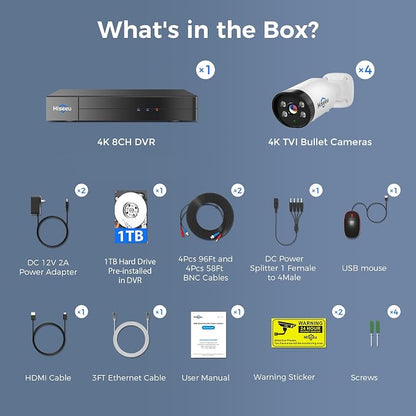 Hiseeu 4K Wired Security Camera System Outdoor 4 Channel with Audio | Smart Dual Light,AI Human/Vehicle Detection,1TB HDD,4K Surveillance DVR Kit 8CH,4X8MP Home CCTV Cameras,Smart Playback