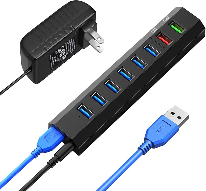 RAOYI Powered USB 3.0 Hub, 8 Ports High Speed USB 3.0 Hub Splitter with 36W Power Adapter, 3.3ft Cable and Smart Fast Charger USB Hub for Laptop, PC, Mobile HDD, Mulitple Devices (Black)