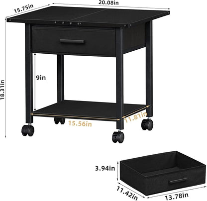 Lerliuo Under Desk Rolling Printer Stand with Drawer, 2-Tier Industrial Mobile Printer Table Desk with Storage Shelf and Steel Frame, Printer Cart Holder with Lockable Wheels for Home, Office (Black)