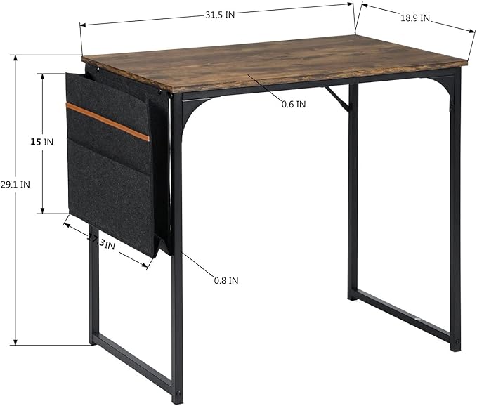 FurnitureR 31.5 inch Small Study Writing Table with Storage Bag Space Saving for Home Office, Modern PC Metal Frame Computer Desk, Black/Brown