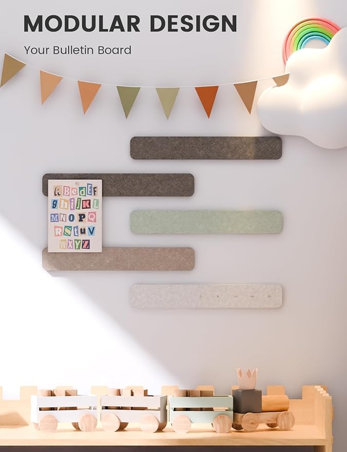 Fluxynara 13" x 2" Felt Wall Panels, Linen Dusk | 5-Pack Cork Board Alternative with 35 Push Pins, Adhesive Mounting for Bedroom Door or Home Office