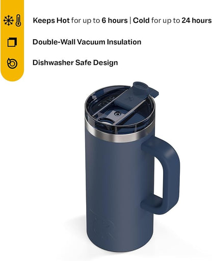 RTIC 16oz Road Trip Travel Mug with Lid and Handle, Ceramic Lined, Navy | Stainless Steel Metal, Insulated Travel Cup for Hot and Cold Drinks, Coffee, Car, Camping and Travel