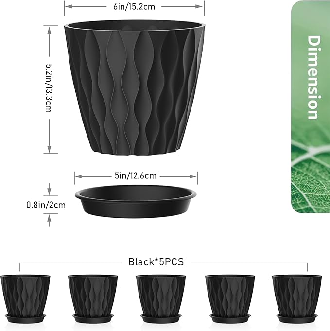 6 inch Plant Pots, 5 Pack Flower Pots for Indoor Outdoor Plants, Water Ripples Plastic Planters with Drainage Holes and Saucers, Nursery Pots for Small Succulent Garden House Plants, Black