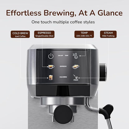 Canoly 2-in-1 Espresso Machine, Cold Brew Maker, 20 Bar Pump, Touchscreen | Steam Milk Frother for Cappuccino and Latte, Compact Home Espresso Maker, 9 Bar Extraction, Fast Heating, Easy Cleaning