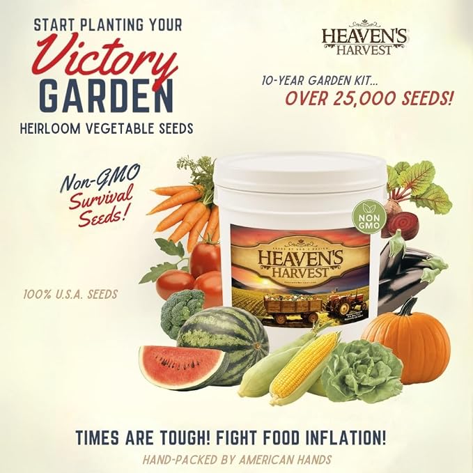 Heaven’s Harvest “10 Year Garden” Survival Seed Bank Kit | Over 50k Non GMO Heirloom Vegetable Survival Seeds + 2 Free Bonus Items: Clyde’s Garden Planner + Seed Vault Storage Drum for 10 Year Storage