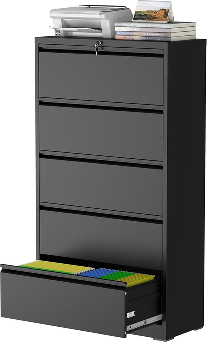 5 Drawer Lateral File Cabinet with Lock, Metal File Cabinets for Home Office, Steel Heavy-Duty Filing Storage Cabinet for Letters/Legal/A4 (Require Assembly, Black)