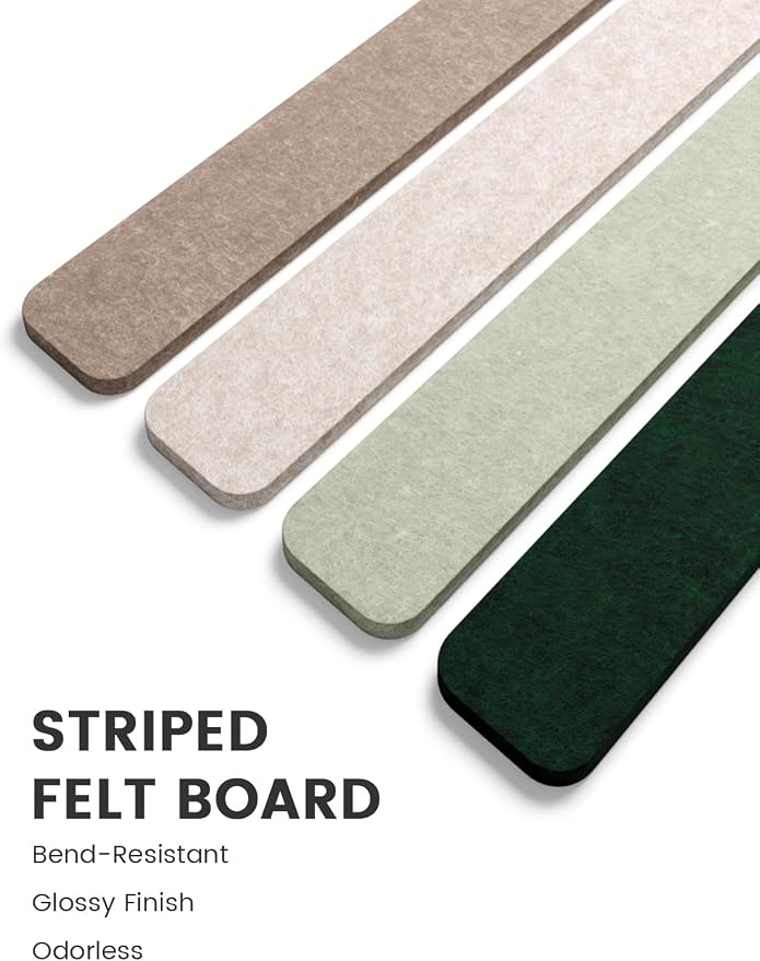 Fluxynara 13" x 2" Felt Wall Panels, Nordic Moss | 5-Pack Cork Board Alternative with 35 Push Pins, Adhesive Mounting for Bedroom Door or Home Office