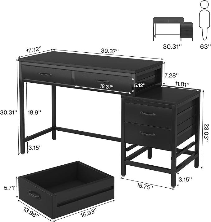 Tribesigns Computer Desk with 5 Drawers, Reversible Home Office Desks | Small Desk with Drawer Cabinet Printer Stand, PC Desk with Storage, Black Study Writing Table Workstation for Small Spaces