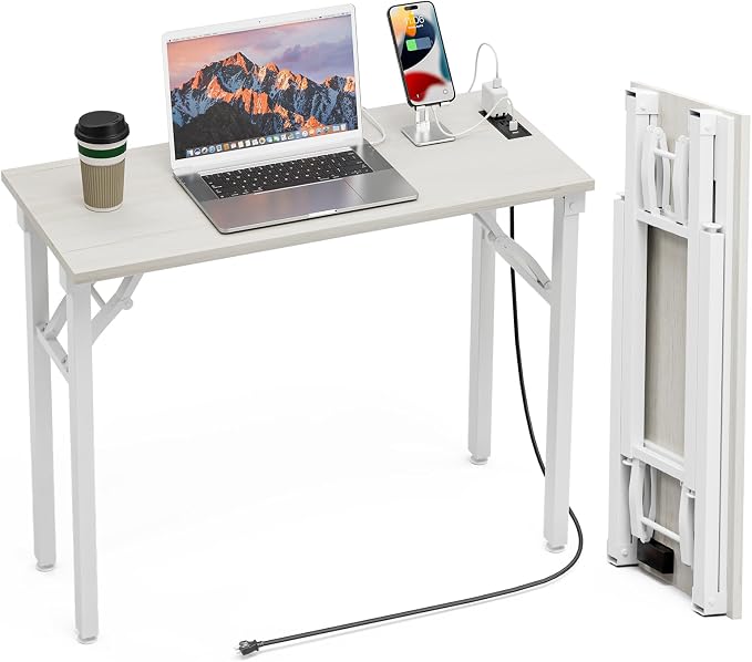 TEMI Small Computer Desk Folding Table - No Assembly, Compact 35.8" Foldable Desk with Power Outlets & USB Charging Port, Portable Small Office Desk, Ideal Mini Study Table for Narrow Spaces,White Ash