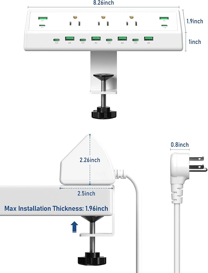 Jgstkcity 90W Desk Clamp Power Strip,12 USB Ports (6 PD 45W USB-C),Surge Protector,ETL Listed Power Hub Extension Cord,Fast Charging Station for Home Office Desk Edge Mount (White, 12 USB-90W)