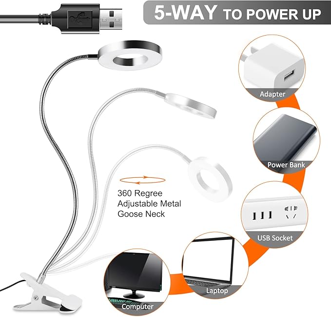 Clip on Light Reading Lights , 48 LED USB Desk Lamp with 3 Color Modes 10 Brightness, Eye Protection Book Clamp Light , 360 ° Flexible Gooseneck Clamp Lamp for Desk Headboard and Video Conferencing