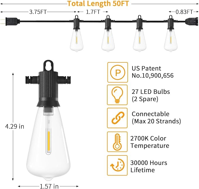 ZOTOYI Outdoor String Lights 50 FT, Patio Bulbs with 27 LED Plastic Edison ST38 Bulbs (2 Spare), Waterproof IP65 Outdoor Hanging Lights for Garden, Backyard, Cafe, Porch, Gift, Gazebo - Dimmable 2700K
