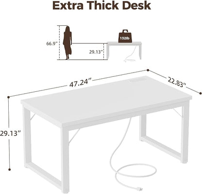Mericonia 48 Inch Computer Desk with Power Outlets, 1.2" Thick Office Table | Modern Simple Style, Heavy Duty Industrial Frame, Small Study & Writing Table for Home Bedroom Work, White