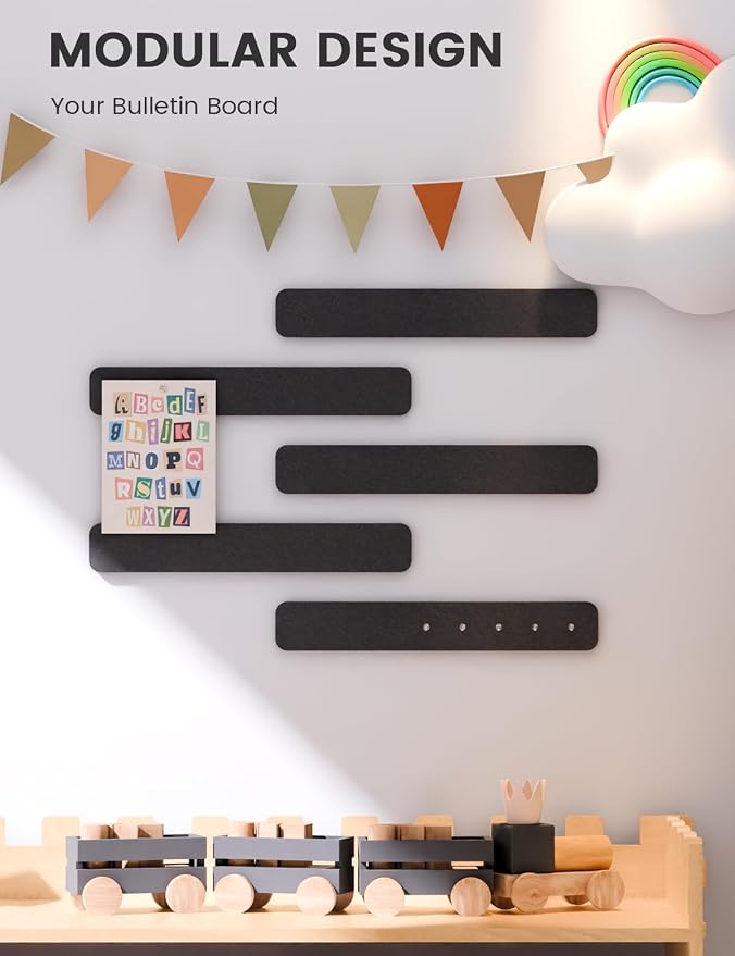 Fluxynara 13" x 2" Felt Wall Panels, Black | 5-Pack Cork Board Alternative with 35 Push Pins, Adhesive Mounting for Bedroom Door or Home Office