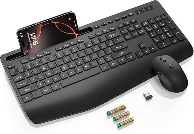 Wireless Keyboard and Mouse Combo - Full Size Ergonomic Wrist Rest, Silent Typing, Phone Holder, 2.4 GHz, 3 Level DPI, Batteries Powered, KM23D Set Compatible with PC, Laptop, Windows, macOS -SABLUTE