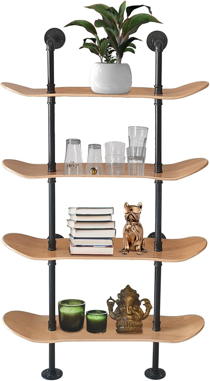 Industrial Shelves - 4 Tier Industrial Decor Pipe Bookcase Using 7 Ply Skateboard Decks - Natural Wood Stain Finish - Perfect Bathroom Wall Decor, Book Shelf for Skateboard Enthusiasts