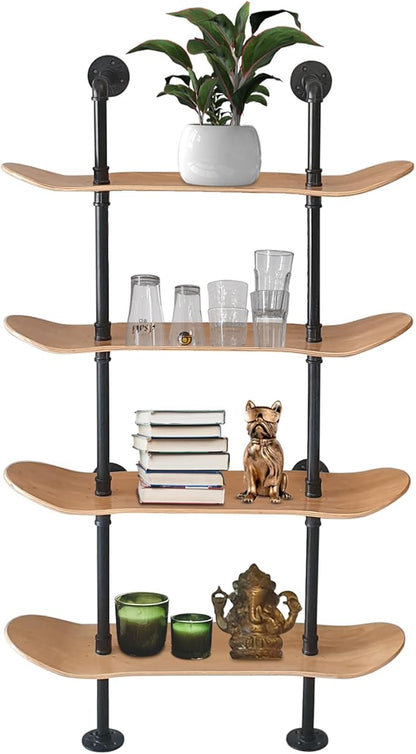 Industrial Shelves - 4 Tier Industrial Decor Pipe Bookcase Using 7 Ply Skateboard Decks - Natural Wood Stain Finish - Perfect Bathroom Wall Decor, Book Shelf for Skateboard Enthusiasts