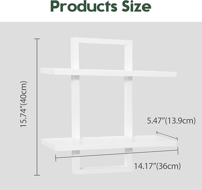 PHOENANCEE Floating Shelves for Wall,Display Hanging Shelf Set of 2,Modern Decorative Plants Shelves,Wood Home Decor Storage Chic for Living Room Bedroom Bathroom Office,Oak Frame,2-Tier,White