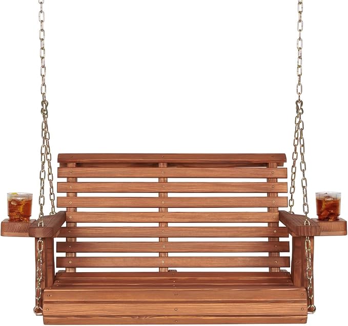 Amish Casual 3 Foot Roll Back Porch Swing with Cup Holders in Cedar Stain - Amish Made in The USA from Treated Pine Heavy Duty 700 Lb. Weight Capacity