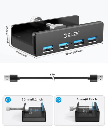 ORICO USB 3.0 Hub, USB Hub Clamp, Aluminum 4-Port USB Splitter with 4.92 FT USB Data Cable, Desktop Powered USB Hub for Monitors/Desks-Black (Without Power Adapter)