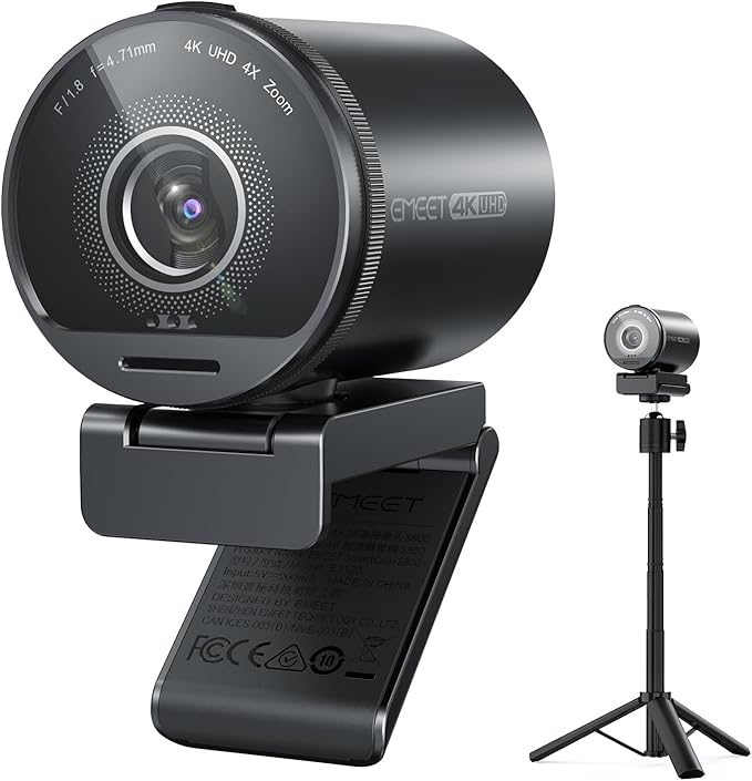 EMEET SmartCam S800-4K Webcam with Tripod for Streaming, Sony 1/2'' Sensor, Supports HDR, PDAF&TOF Dual-autofocus, 1080P@60FPS, Adjustable Heights with 360° Swivel Head, Perfect for Live Streaming