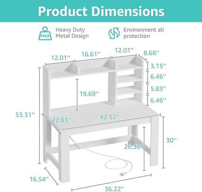 WINAZ White Desk with Hutch and Power Outlet, 43 Inch Small Space Computer Writing Desk with Storage Shelves, Modern Home Office Workstation for Bedroom Dorm