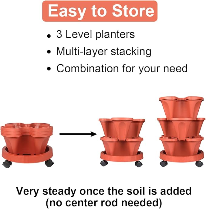 DUNCHATY Stackable Planters 3 Tier Vertical Garden Planting Tower Planters Strawberry, Herb, Flower, and Vegetable Planter Indoor Outdoor Gardening Pots with Removable Wheels and Tools
