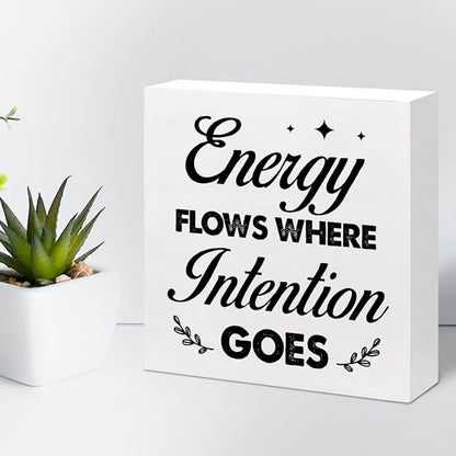 Energy Flows Where Intention Goes Wood Block Sign Desk Decor,Inspirational Wooden Box Plaque Sign Desk Decor for Home Office Cubicle Shelf Table Decor Decorations