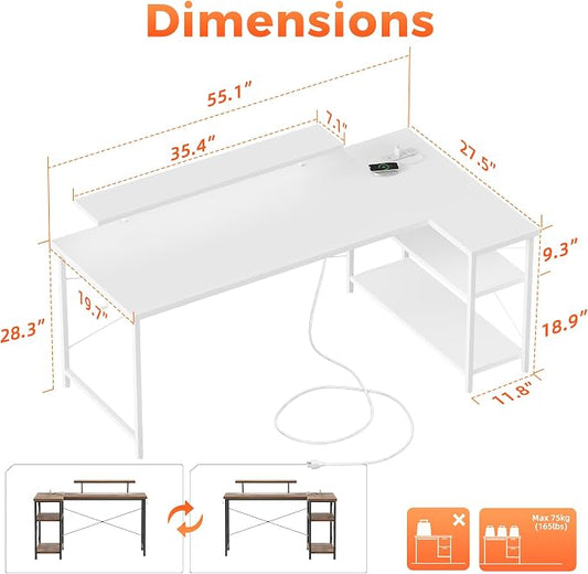 Mericonia 55 in L Shaped Gaming Desk, Large Corner Desk with Monitor Stand | Reversible Computer Desk with Power Outlets, LED Light & Storage Shelves, Office Table for Home Bedroom Study Work Writing