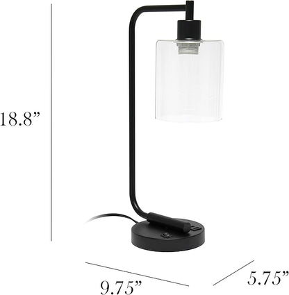 Simple Designs LD1066-BLK-LB Industrial Vintage Bronson Iron Lantern Desk Table Lamp with USB Port and Glass Cylinder Shade for Office, Living Room, Bedroom, Black, with Feit LED Bulb Included