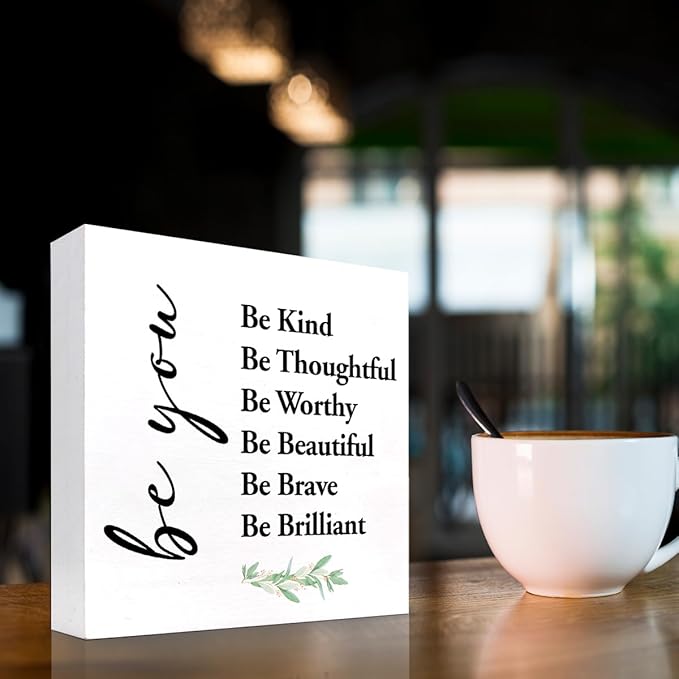 Be You Be Kind Be Thoughtful Wood Block Sign Desk Decor,Rustic Motivational Wooden Box Plaque Sign Desk Decor for Home Girls Bedroom Office Dorm Shelf Table Decor Decorations