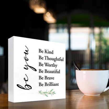 Be You Be Kind Be Thoughtful Wood Block Sign Desk Decor,Rustic Motivational Wooden Box Plaque Sign Desk Decor for Home Girls Bedroom Office Dorm Shelf Table Decor Decorations