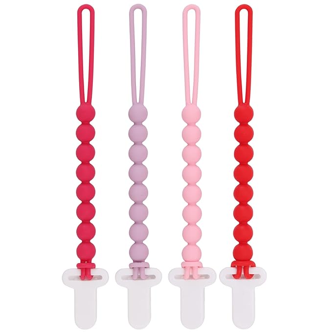 4-Pack Silicone Pacifier Clips with One-Piece Beads for Baby Boys and Girls - Flexible and Rust-Free Holders for Teething Relief and Baby Essentials, Safe for Newborns (Pink)