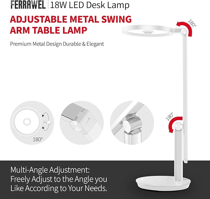 LED Desk Lamp for Home Office - Natural Eye-Caring Table Light, Adjustable Metal Swing Arm with 18W Dimmable Bright Reading Task Lampara Memory Function White