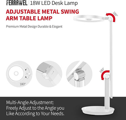 LED Desk Lamp for Home Office - Natural Eye-Caring Table Light, Adjustable Metal Swing Arm with 18W Dimmable Bright Reading Task Lampara Memory Function White