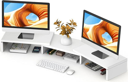 TAVR Dual Monitor Stand Riser, Wooden Computer Monitor Stand for 2 Monitors | Extra Long Multifunctional Desktop Organizer Riser for TV, PC Monitor, Laptop, Printer, Max 43.3" Length, White