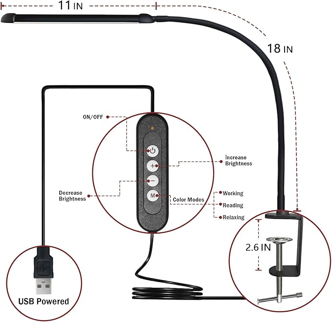 LED Desk Lamp with Clamp, Clamp Light with Adjustable Color Modes,Clip on Light with Long Flexible Gooseneck, Eye-Care Lamp Clamp for Study, Work, Home, Office, (Black, 12W)
