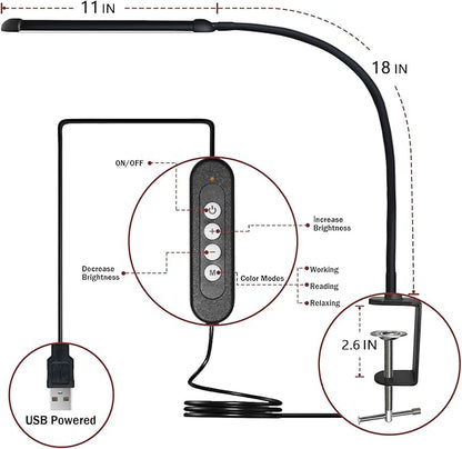 LED Desk Lamp with Clamp, Clamp Light with Adjustable Color Modes,Clip on Light with Long Flexible Gooseneck, Eye-Care Lamp Clamp for Study, Work, Home, Office, (Black, 12W)