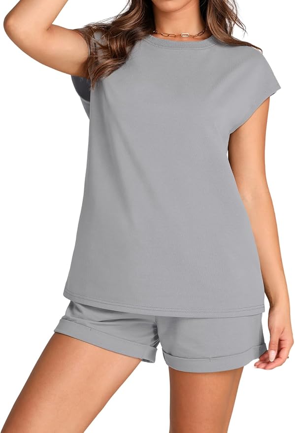 WIHOLL 2 Piece Sets for Women Casual Summer Travel Vacation Outfits Cap Sleeve Shorts Lounge Set