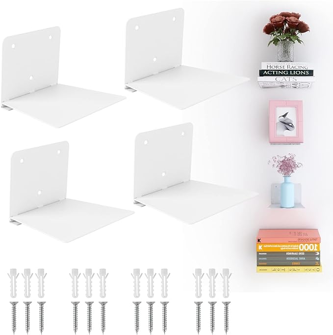 Fentec Invisible Floating Bookshelf, Wall Mounted Floating Bookshelves Heavy-Duty Book Organizers Hidden Book Shelf Metal Shelves Holder for Books Storage Bedroom Living Room Home Office, 4-Pack White