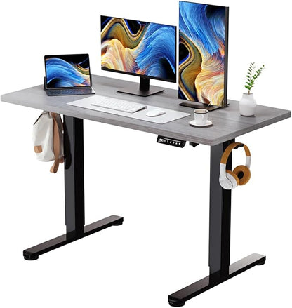 Grey Standing Desk, 48 X 24 Inch Adjustable Height Electric Desk, Sit Stand Desk with 2 Hooks, Ergonomic Rising Desk with Splice Board