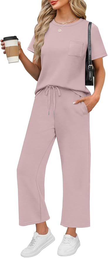 WIHOLL 2 Piece Sets for Women Casual Summer Travel Vacation Outfits Short Sleeve Wide Leg Crop Pants Lounge Sets