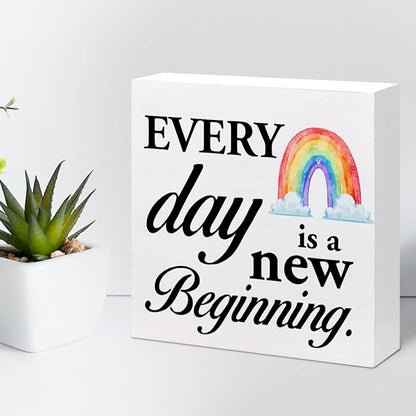 Positive Wood Box Sign Desk Decor,Every Day is a Fresh Beginning Wood Plaque Signs,Rustic Inspirational Wooden Block Sign Decor for Home Office Shelf Table Decoration C1076