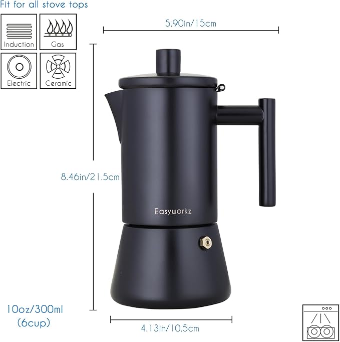 Easyworkz Diego Stovetop Espresso Maker Stainless Steel Italian Coffee Machine Maker 6Cup 10 oz Moka Pot Induction Espresso Pot - Matte Black