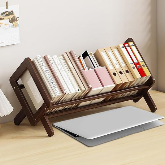 Wood Tilting Bookcase in Living Room/Home/Office, Desktop Book Shelf Organizer Bookshelves Storage Rack for CDs/Magazine/Books Display (Coffee, 16"-L)
