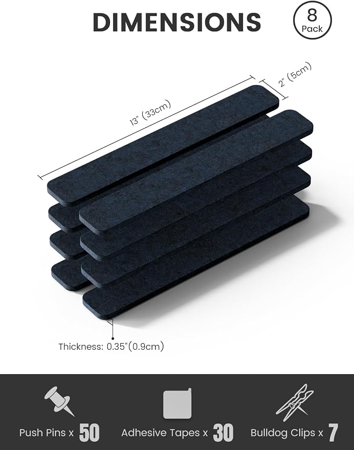 Fluxynara 13" x 2" Felt Wall Panels, Midnight Blue | 8-Pack Includes 50 Push Pins and Adhesive Tabs for Photos, Notes and Decor in Bedroom Doors, Home Office or Studios