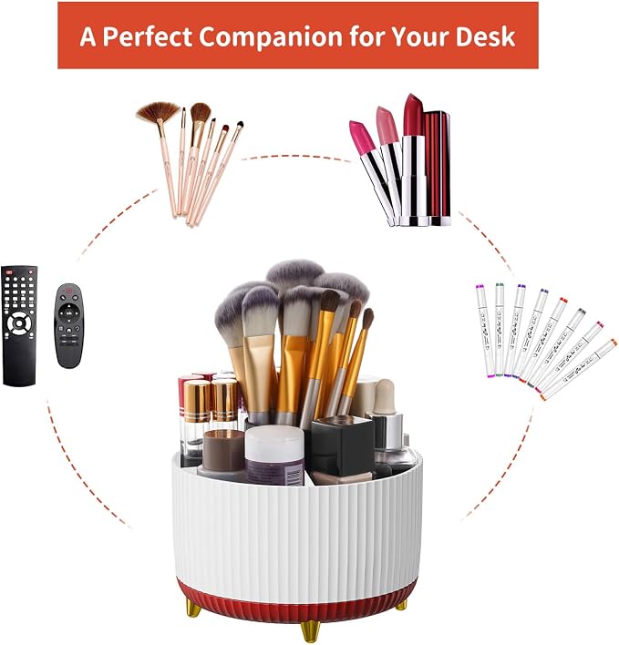 Marbrasse Desk Organizer, 360-Degree Rotating Pen Holder, Desk Organizers and Accessories with 5 Compartments Pencil Holder, Art Supply Storage Box Caddy for Office, Home (White+Red)