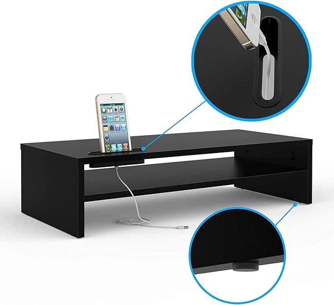 BONTEC Wood Monitor Stand Riser, 2-Tier Desktop Organizer with Storage, Ergonomic Computer Stand for Desk, Cable Management, Cellphone Holder, 21.3 Inch Shelf, Black | Ergonomic Computer Stand for Desk, Cable Management, Cellphone Holder, 21.3 Inch She...